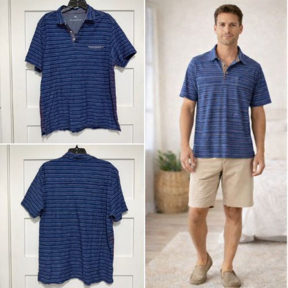 Tommy Bahama Men’s Blue Stripe Polo Shirt Size Large 36166